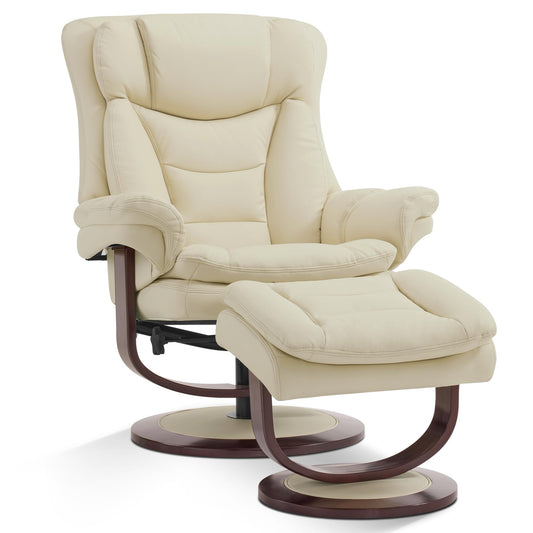 MCombo Oversized Swivel Recliner Chair with Ottoman, Adjustable Backrest, 360° Wood Base, High Seat, Faux Leather Lounge Chair for Tall Users in Living Room Office 4651 (Cream White)