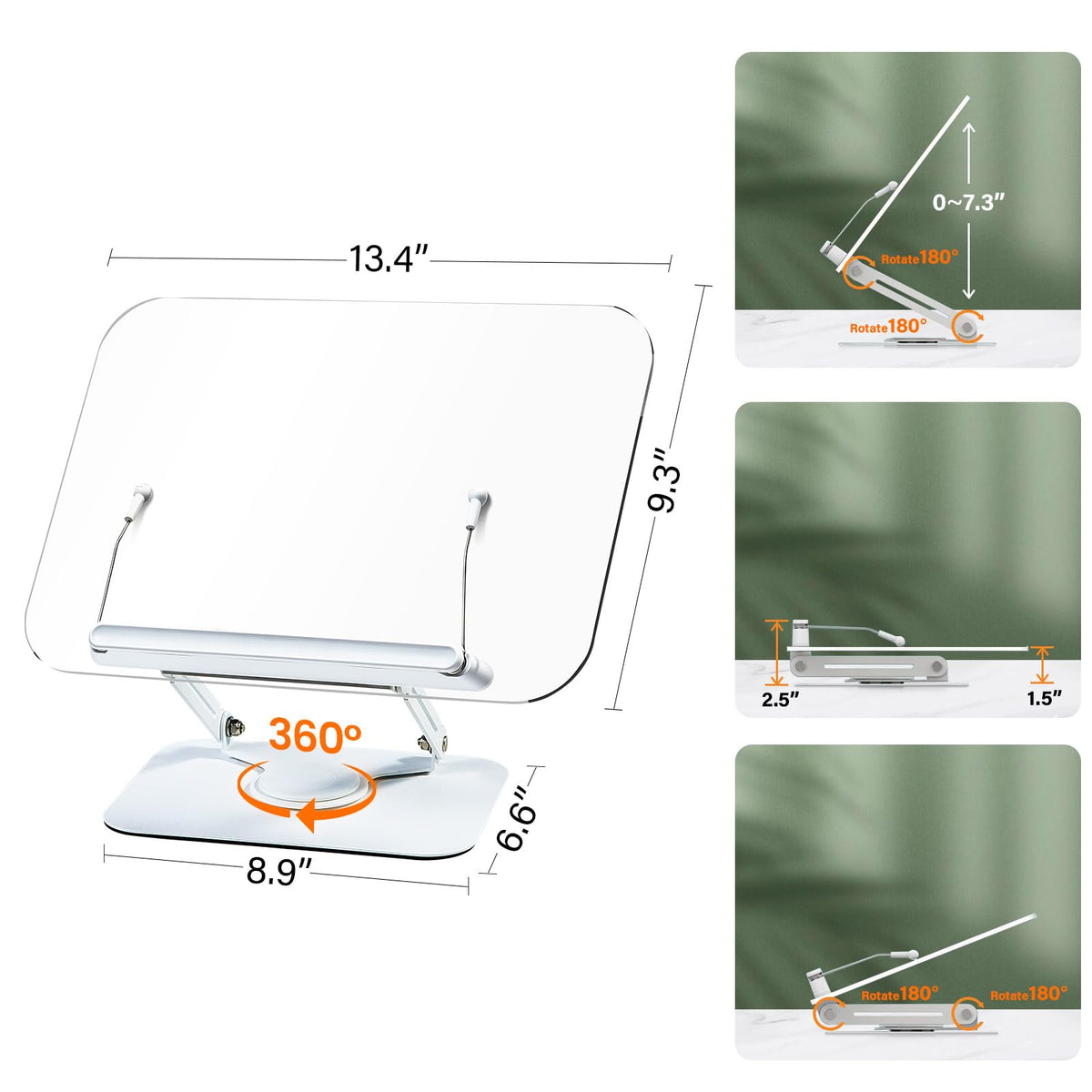 BYMECOST Acrylic Book Stand for Reading, Adjustable Book Holder with 360° Rotating Base & Elastic Page Clips, Foldable Desktop Riser Stand for Cookbook,Laptop,Tablet,Music Scores,Recipe,Textbook