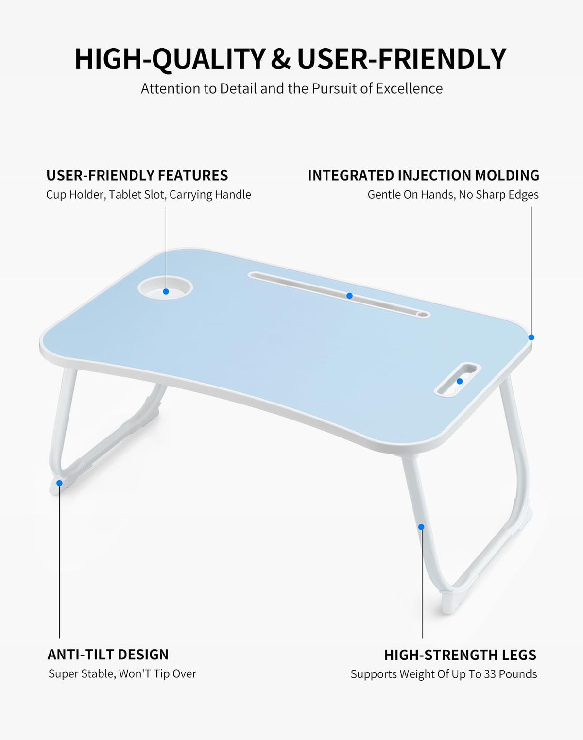 ZEAPTAC Laptop Bed Desk, Foldable Lap Desk, Portable Lap Table, Laptop Stand with Cup Holder & Tablet Slot & Lifting Handle for Working Writing Drawing & Eating - Blue