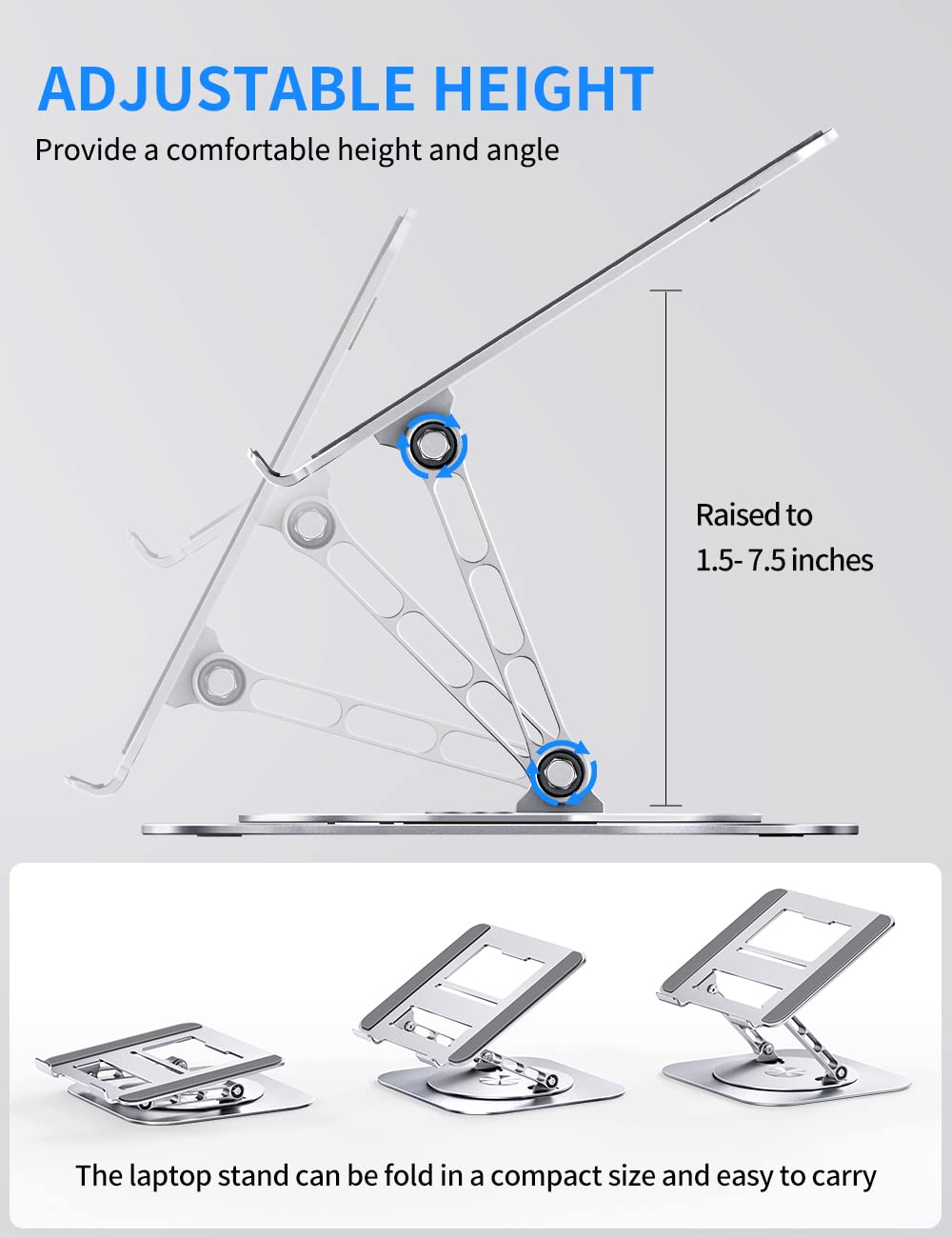 AOEVI Adjustable Computer Stand with 360 Rotating Base, Ergonimic Foldable Laptop Riser for Desk Compatible with MacBook Pro/Air Notebook up to 16 Inches, Silver
