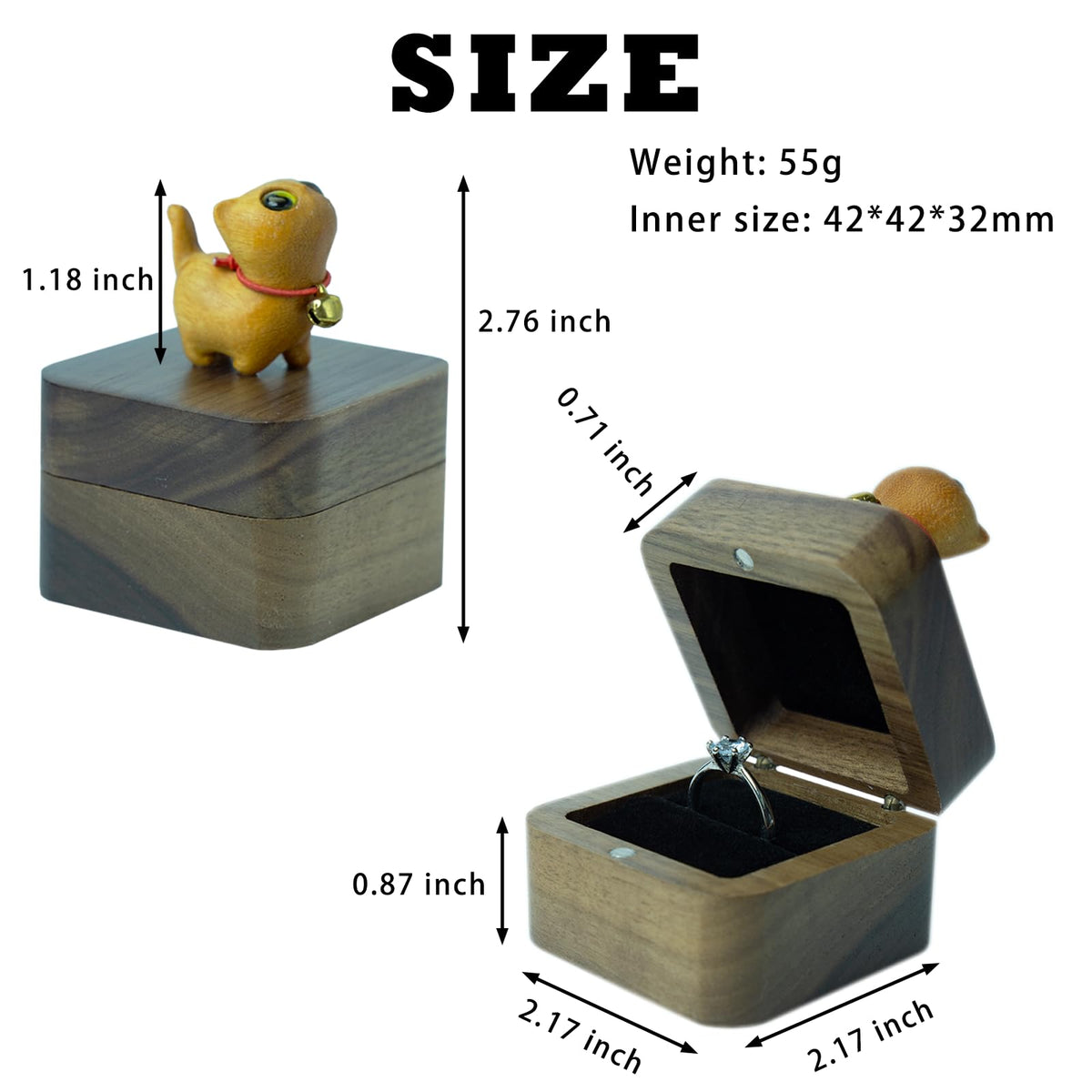 Tentogala Hand-Carved Cat Wooden Ring Box - Magnetic Closure Wedding & Engagement Jewelry Gift Box ﻿(Yellow Cat)