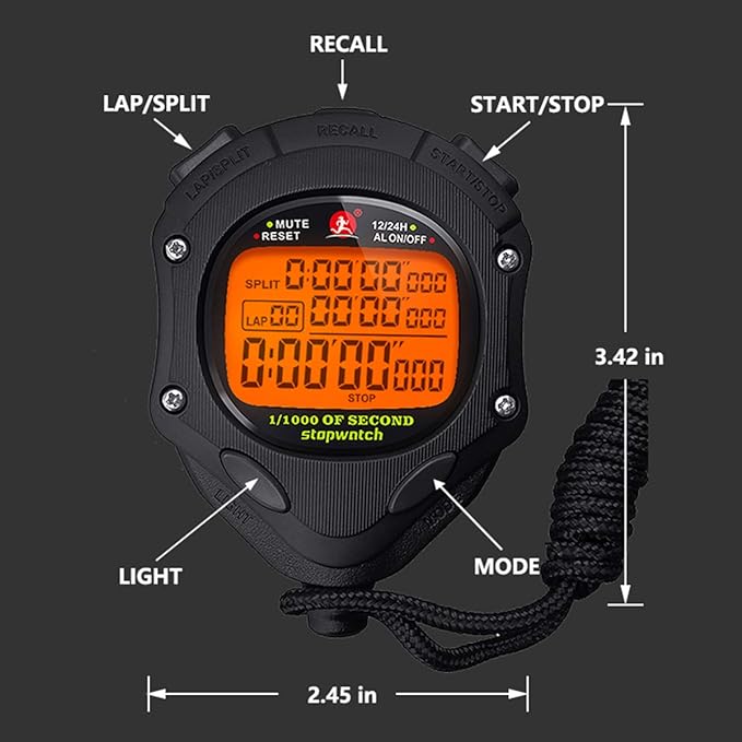 Digital Stopwatch Timer with Back Light Stop Watch 0.001second Timing|100 Lap Memory,Large dispaly Alarm Clock for Coach Sports Swimming Running Marathon Competition(100LAP(Back Light))