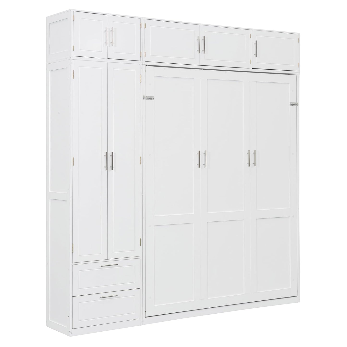 Merax Queen Size Murphy Bed with Top Cabinet, Shelves and Wardrobe, Fold into The Wall, Space-Saving Design, Multifunctional Foldable Platform Bed Frame for Bedroom, Guest Room, Home Office, White