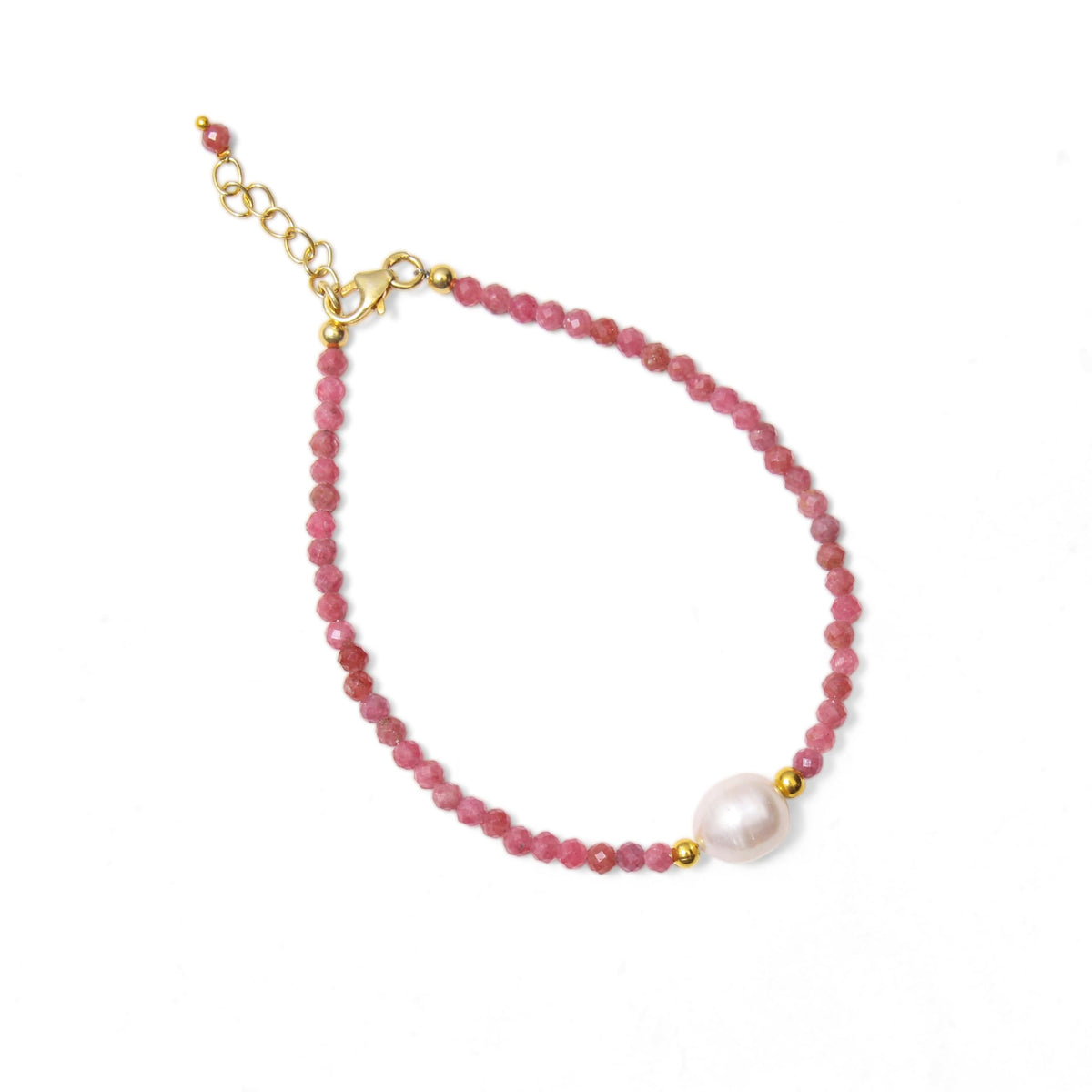 A&M Gems 2.5-3 mm Natural Rhodochrosite Round Faceted Beaded Bracelet with Pearl Crystal Jewelry, Brass Gold Plated Bracelet, 1-Inch Adjustable Chain, Handmade Bracelet, 7-Inch, Gifts for Women