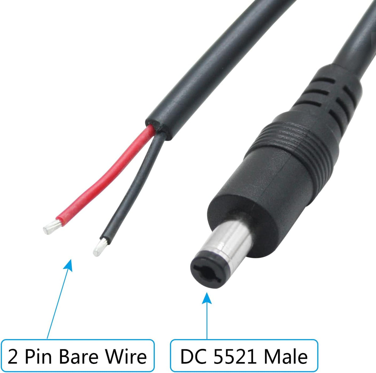 Maixbomr 12V Cable,1m/3.3ft 5.5mm 2.1mm Wire,18AWG 5521 Repair(2Pcs) DC Power Pigtails DC x Male Plug to Bare Wire Open