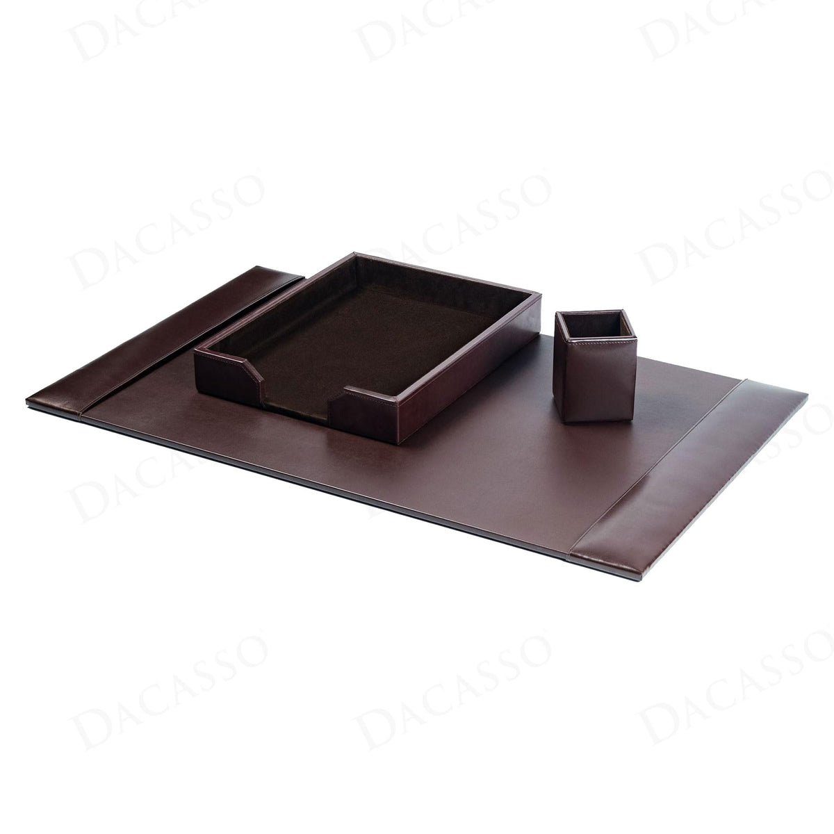 Dacasso Brown Bonded Leather Luxury 3 Piece Desk Set - Blotter Pad & Desk Organization Essentials - Executive Decor and Surface Protector