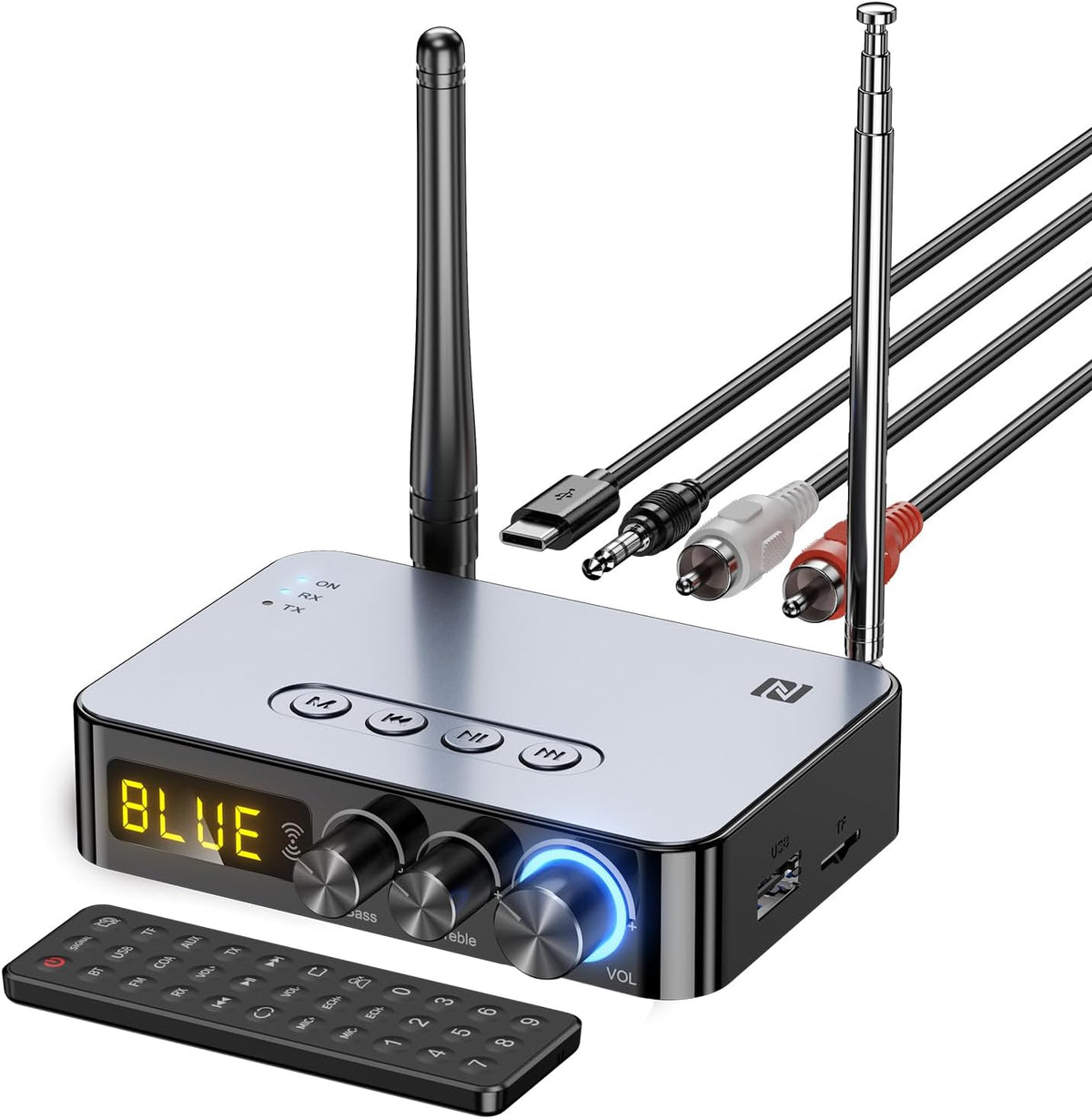 MOREGAX 4-in-1 3.5mm AUX,RCA,6.5mm Bluetooth Audio Receiver Transmitter (with Remote) for Home Stereo TV, HiFi Wireless