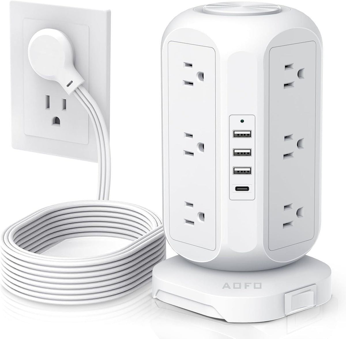 AOFO 12 4 USB(1 10Ft Tower Power Strip Flat Plug with Outlets USB C), Surge Protector Charging Station with Overload