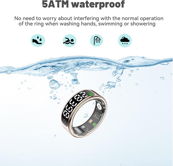 Smart Health Ring for Women Men, Smart Ring Fitness Tracker for iOS Android, Heart Rate, Blood Oxygen, Blood Pressure, Sleep Monitoring,5ATM Waterproof, No Subscription Fee (Gold, 13#)