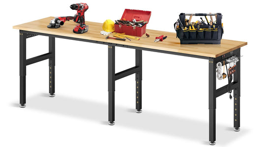 MUWOOD 96”Adjustable Work Bench, 5000 LBS Capacity Heavy Duty Workbench with Power Outlet & Pegboard, Rubber Wood Work Table for Garage, Workshop, Office, Home