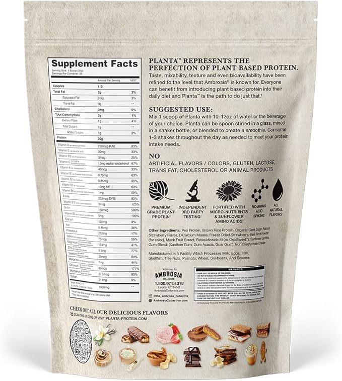 Ambrosia Planta - Premium Plant-Based Protein | Vegan & Keto Friendly | Gourmet Flavors | No Bloating or Stomach Upset | Gluten & Soy Free | No Added Sugar | 25 Servings | Strawberry Ice Cream