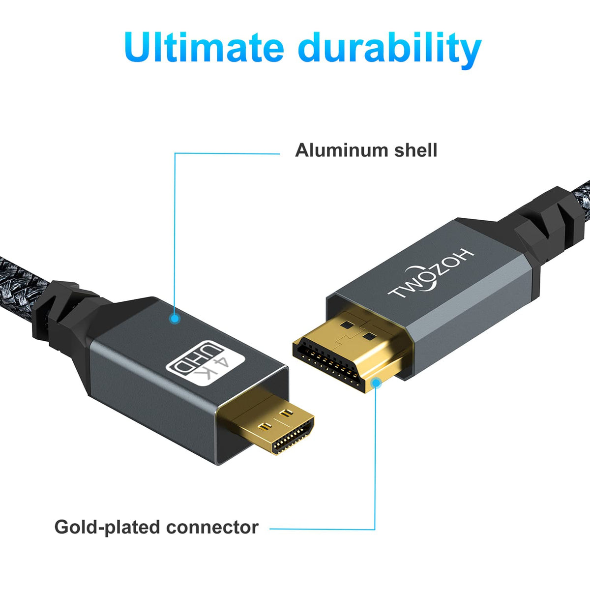 Twozoh 4K 1FT, 3D 4K/60Hz 1080p Micro HDMI to HDMI Cable Short High-Speed Full HDMI to Micro HDMI Braided Cord Support