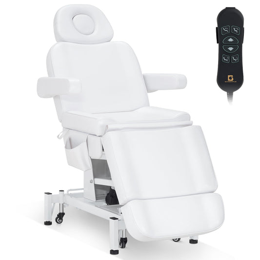 BarberPub Fully Electric Beauty Bed, 3-Motor Salon Spa Chair with Foot-Controlled Wheels, Adjustable Height, Backrest & Leg Rest – PVC Leather, Professional Facial & Treatment Table 2754 (White)
