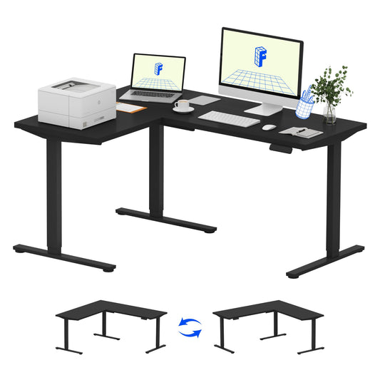 FLEXISPOT L Shaped Standing Desk, 63 x 47 Inch Electric Height Adjustable Corner Desk, Sit Stand Computer Workstation, Preset Controller, Home Office, Black Frame with Black Top