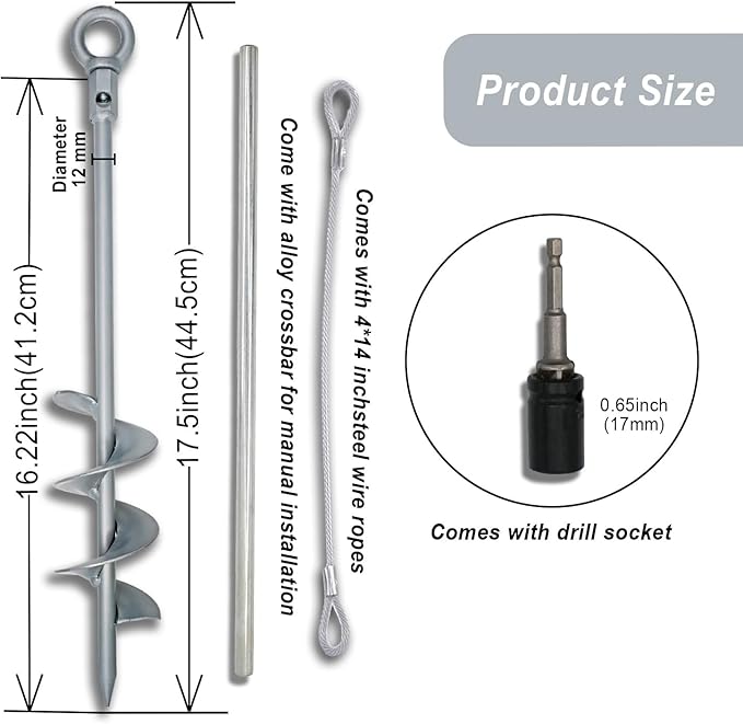 18 inch Ground Anchor Heavy Duty Earth Anchors Set Screw in for Mobile Home, Swing, Tent Trampoline Anchors Wind Resistant Tree Stakes and Supports with Drill Socket, 4 Pack