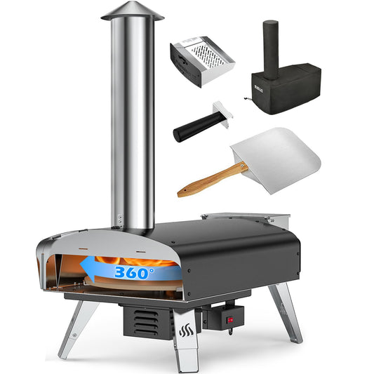 Mimiuo Outdoor Pizza Oven Wood Pellet Fired Pizza Stove with Automatic Rotating Stone, Heavy Duty Pizza Stove for Backyard Camping, Bakes Pizza in 60 Seconds, Includes Pizza Stone, Peel & Cover