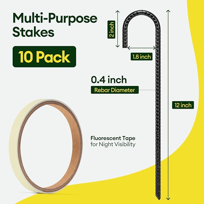 12 Inch Rebar Stakes Heavy Duty 10 Pack, J Hook Ground Stakes, Galvanized Steel Trampoline Stakes, Tent Anchor Kit Anti-Rust, Drip Hose Wind Stakes, Black