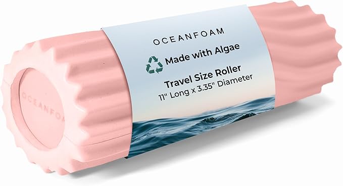Oceanfoam Ripple Travel Foam Roller (11" x 3.35") Firm Mini Foam Roller for Physical Therapy, Deep Tissue Massage, Back Pain - High Density, Ergonomic Wave Textured - Yoga, Pilates, Exercise (Blush)