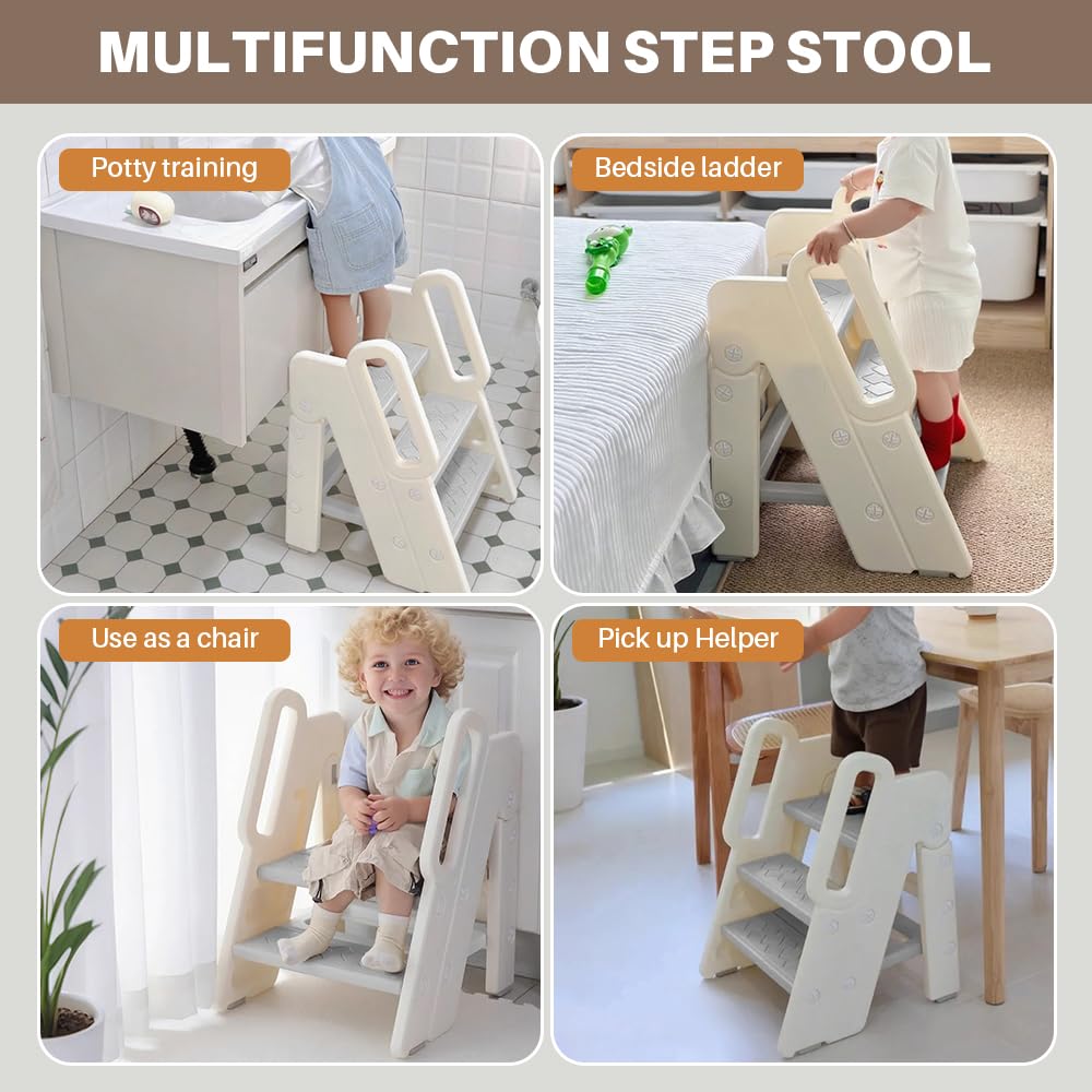 Foldable Toddler Step Stool, Adjustable 2-3 Step Kids Step Stools for Bathroom Sink, Potty Training Toilet, Child Kitchen Counter Standing Tower, Plastic Ladder Helper Stool for Bedroom
