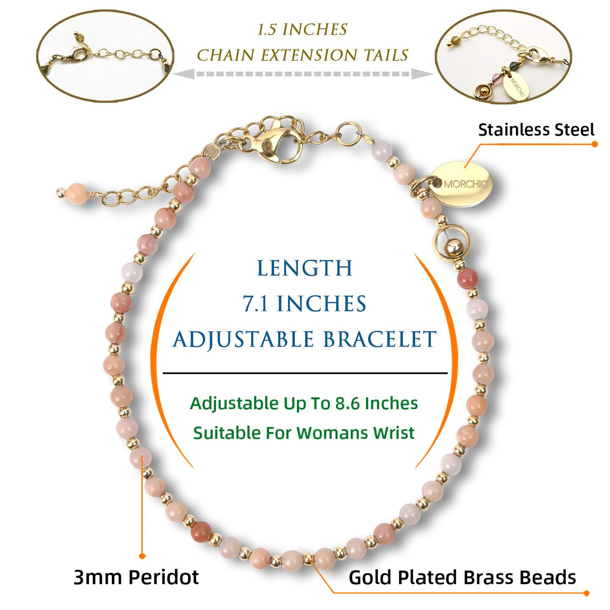 Morchic 3mm Pink Aventurine Natural Gemstone Beaded Bracelet for Women, Dainty Tiny Charm Jewelry, Adjustable 7.1-8.6", Ideal Birthday Holiday Gift