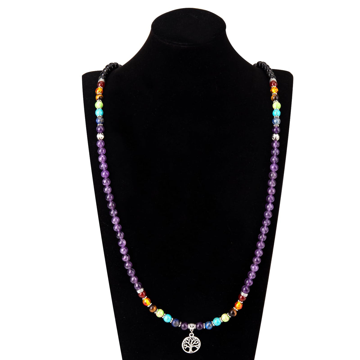 PWMENLK 108 Mala Beads Meditation Necklace 7 Chakra Buddhist Prayer Beaded Bracelet Tree of Life Pendant Necklace Healing Stone Yoga Necklace Women Men Bracelets(Amethyst&Obsidian)