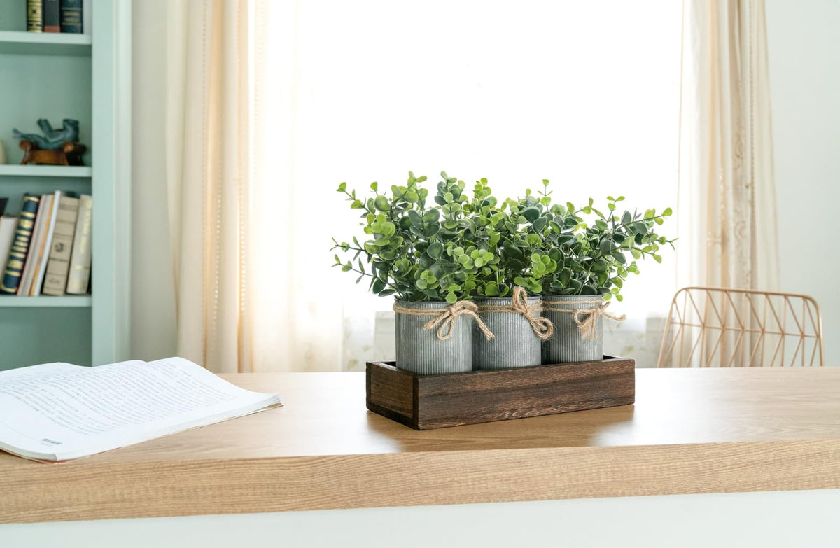 Dahey Centerpiece Table Decorations Coffee Table Decor Wood Tray 3 Galvanized Pots with Artificial Eucalyptus Plants Farmhouse Decor Table Centerpieces for Dinning Living Room Bath Kitchen, Brown