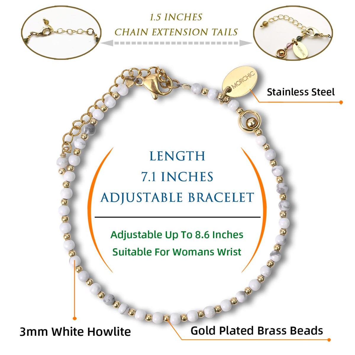 Morchic 3mm White Howlite Tiny Beads Bracelet for Women, Adjustable 7.1" Dainty Handmade Energy Gem Jewelry, Birthday Gift