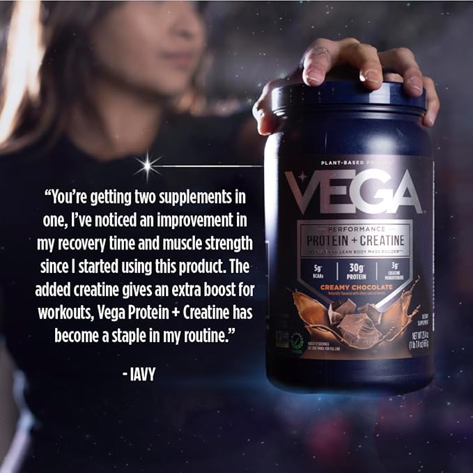 Vega Protein + Creatine - 30g Plant-Based Protein, Vanilla, 13 Servings, 3g Creatine, 5g BCAAs, Vegan, Keto, Gluten Free, Dairy Free, Low Carb, for Muscle Growth & Repair, Drink Mix, 22oz