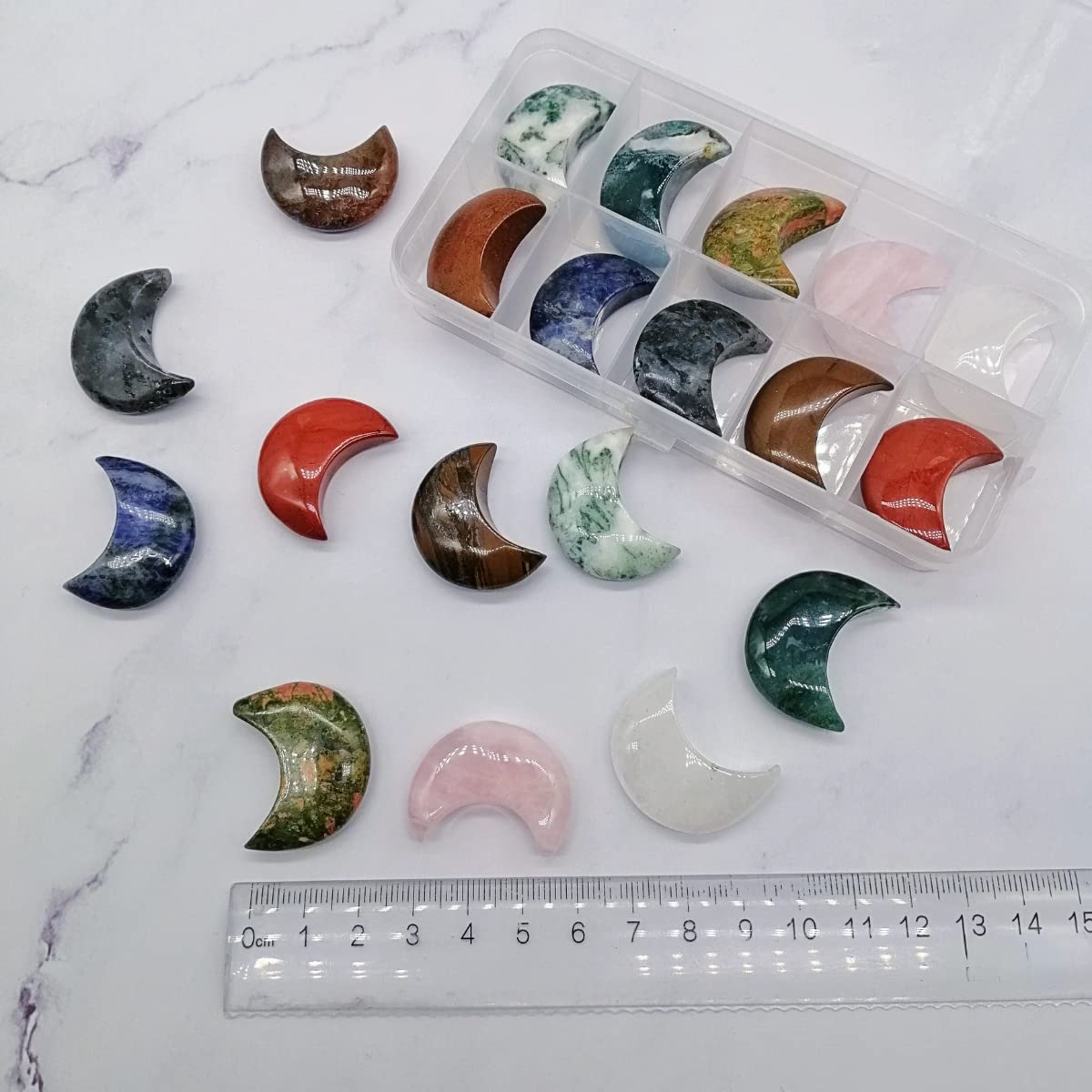 XMHOME Moon Shaped Worry Stones 30mm Assorted Bulk Carved Gemstones 20 Pcs Chakra Crystals Set Jewelry Making Home Decor Gifts