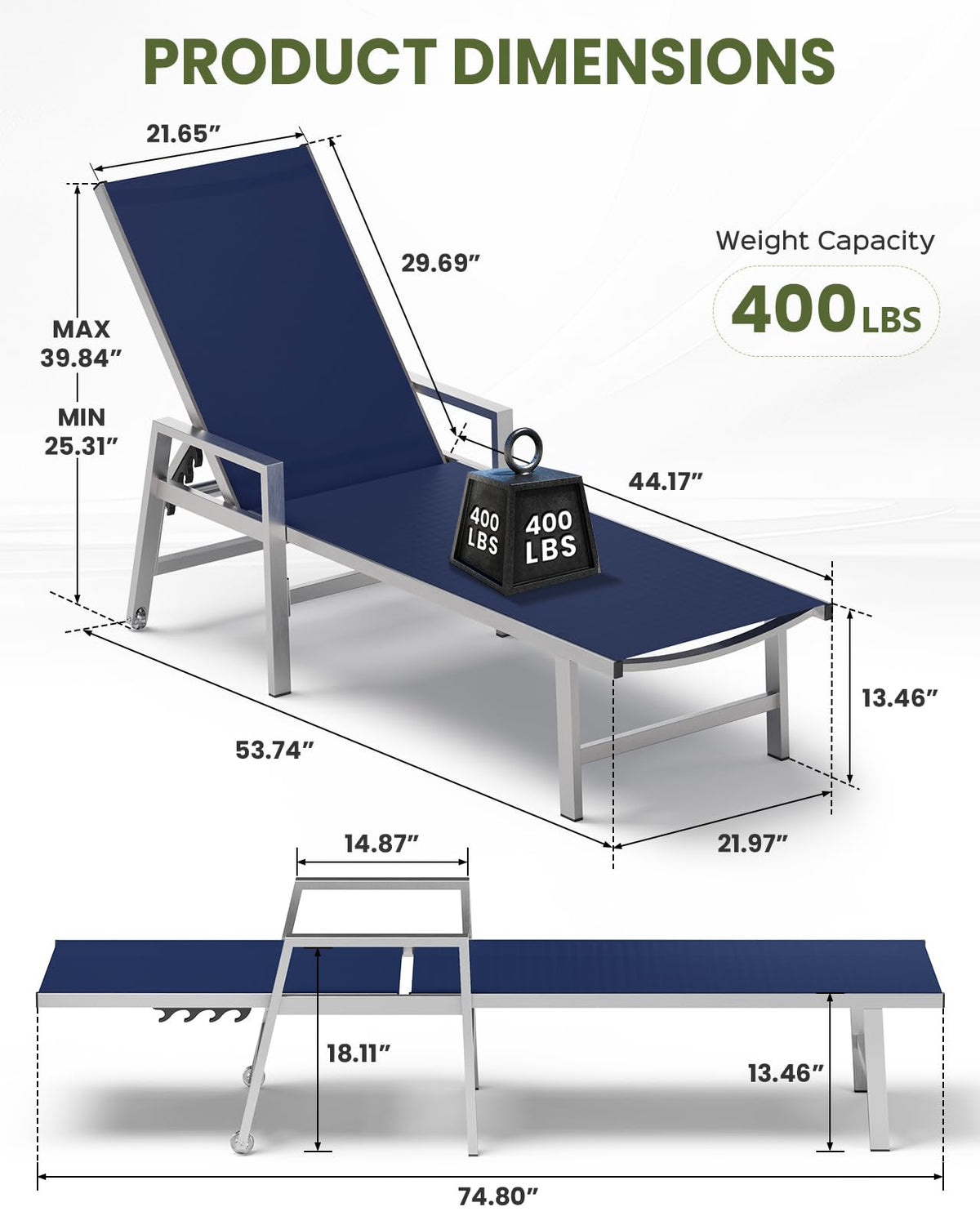 Patio Chaise Lounge Chair Outdoor Set of 2 with Wheels&Armrests, Aluminum Pool Lounge Chairs Five-Position Adjustable Recliner, Outdoor Beach Lounge Chairs for Poolside, Patio, Deck, Yard, Navy Blue