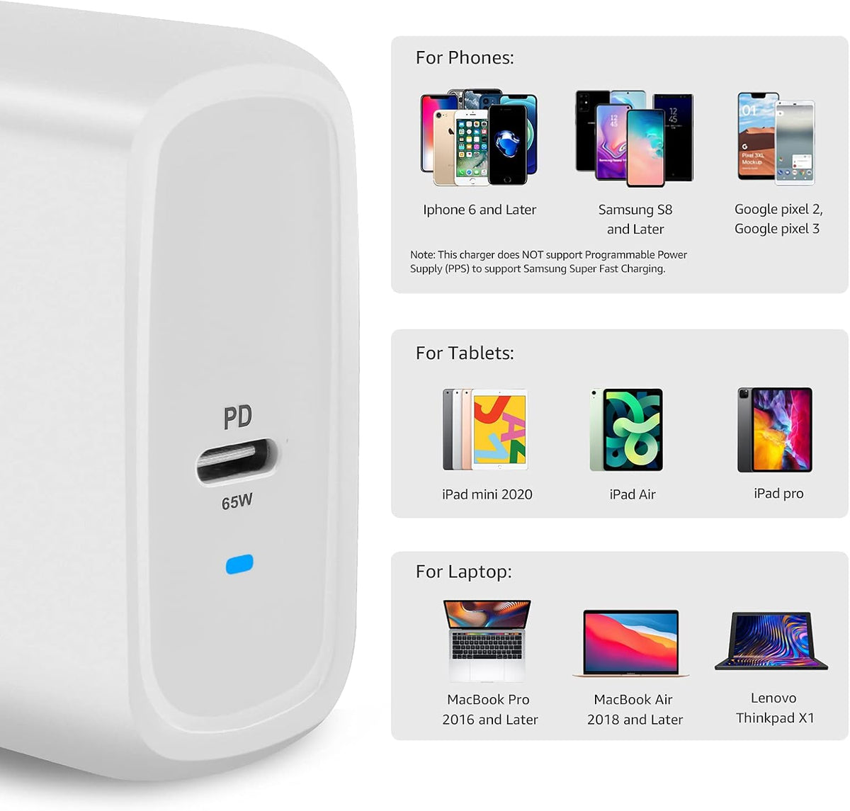 Amazon Basics 65W One-Port GaN USB-C Wall Charger with Power Delivery PD, Foldable Plug, Portable, Fast Charging