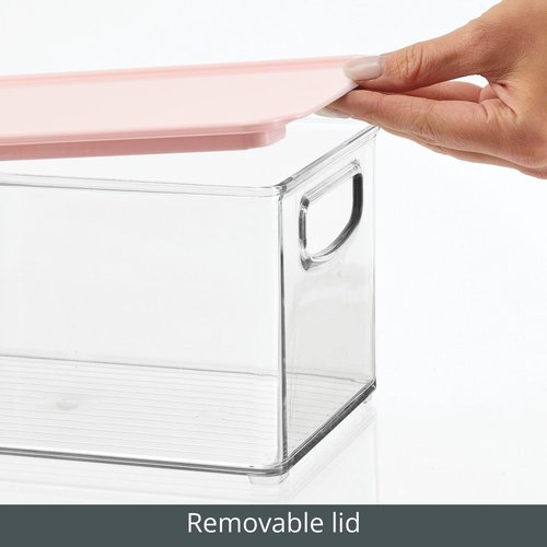 mDesign Deep Plastic Bathroom Storage Bin Box, Lid/Built-in Handles, Organization for Makeup, Hair Styling Tools, Toiletry Accessories in Cabinet, Shelves, Ligne Collection, 2 Pack, Clear/Pink
