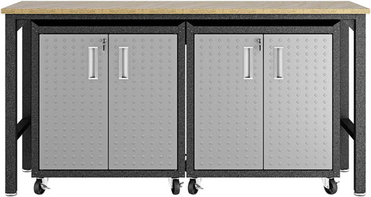 Manhattan Comfort Fortress 3-Piece Textured Garage Storage Set, Includes Mobile Metal Cabinet Chests and Worktable, Space-Saving Design, 25 Gauge Metal, Lockable Wheels, 1.0 Series, Grey