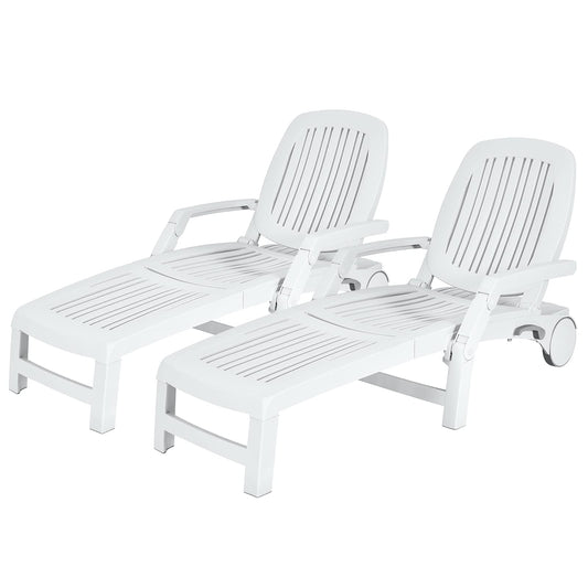Tangkula Outdoor Chaise Lounge Chair, 5-Position Adjustable Recliner with Storage Box and Flexible Wheels, All-Weather Folding Patio Lounge Chair for Poolside, Beach and Backyard (2, White)