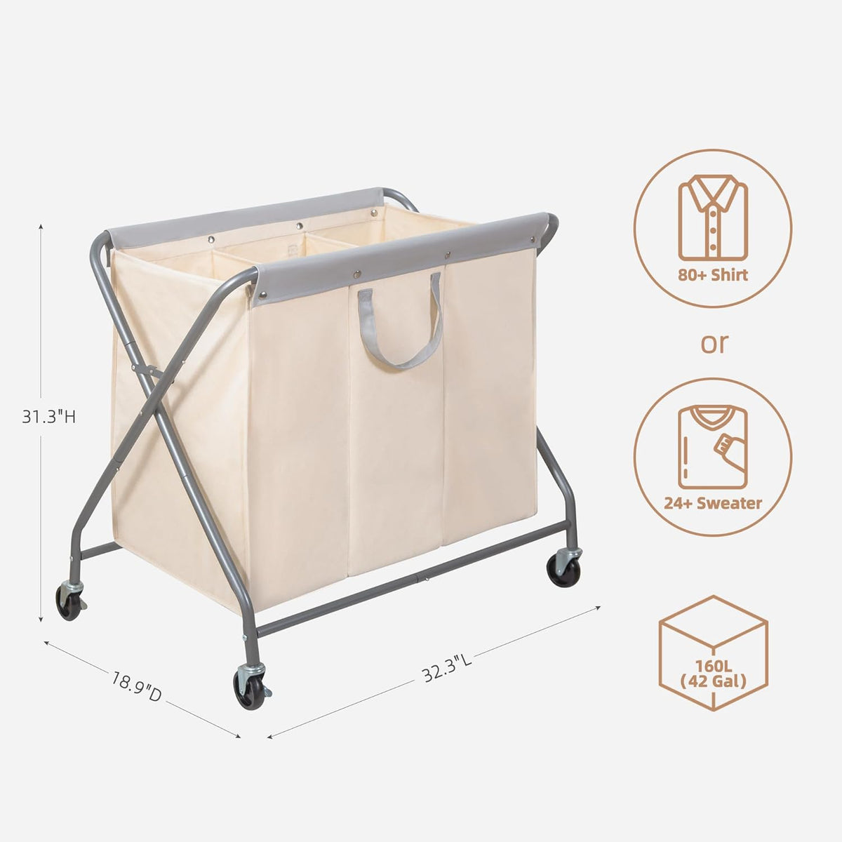 Storage Maniac 160L Collapsible Laundry Hamper - Heavy Duty Rolling Basket with Removable Bag & 3 Sections