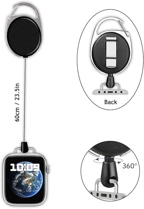Badge Holder Retractable Clip Compatible with Apple Watch Band Series 10, Ultra 2, SE, 8 7 6 5 4 3 2 1 38mm 40mm 41mm 42mm 44mm 45mm 49mm, Stretchable Badge Reel Clip for iwatch Series 9