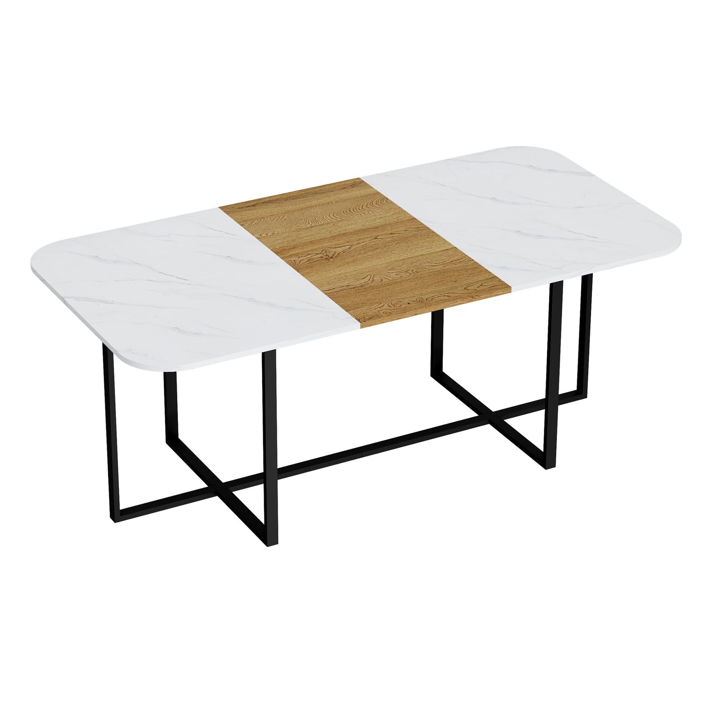 KEIKI 79" Dining Table Set for 8, Rectangular Kitchen Table Set with White Faux Marble & Wood Grain Top, Modern Dining Room Set with 8 Gray PU Leather Chairs, Large Family Dining Table Furniture