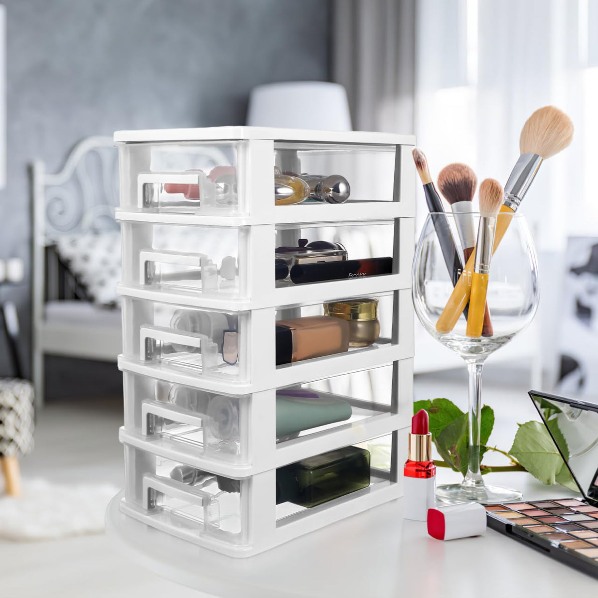 Kisangel Multifunctional 5-Layer Transparent Plastic Drawer Storage Cabinet 12.36X8.30X5.98In Portable Desktop Organizer for Office Study Living Room Sundries Storage