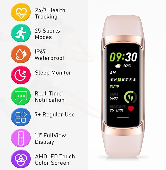 Fitness Tracker with 24/7Heart Rate, Blood Pressure, Sleep Tracking, Calorie, Activity Tracker with 1.1" AMOLED Color Screen, Waterproof Step Tracker for Android iPhones Women Men