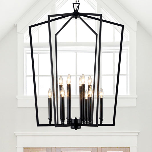 Vezzio 12-Light Large Black Chandelier, D30 Inch Modern Industrial Farmhouse Lantern Pendant Light for High Ceiling Entryway, Foyer, Dining Room，Kitchen Island，Hallway，Staircase