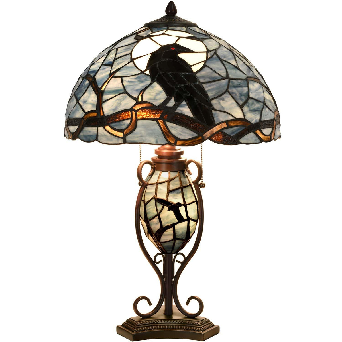 Bieye L10954 Raven Sitting on Bare Tree Branch in Full Moon Night Tiffany Style Stained Glass Table Lamp for Home Decor (Dark Blue, 16Wx24H)