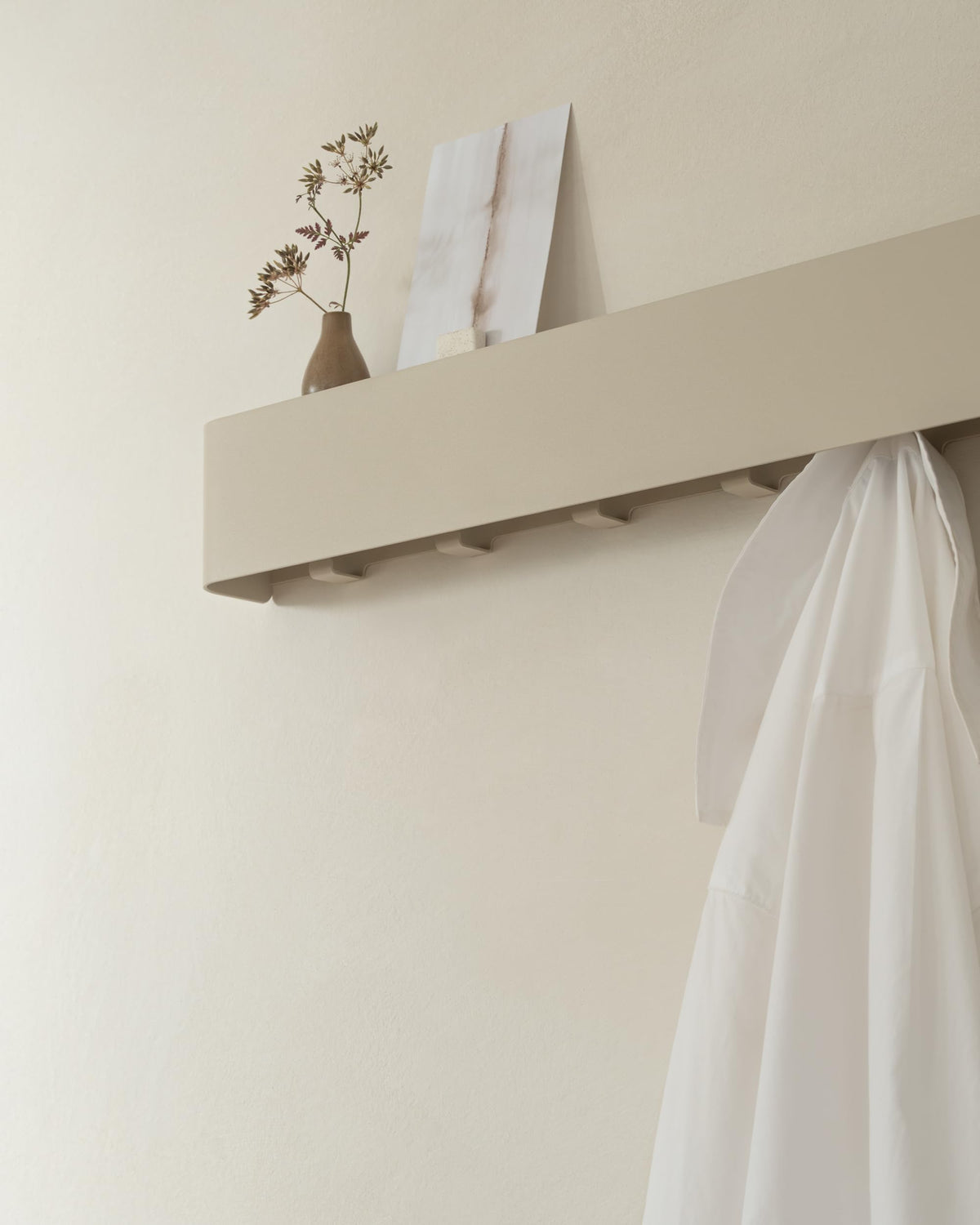 Kazai. Coat Rack Wall Mount with Shelf 'Tone' | Modern Design Coat Hanger with Hidden Hooks and Storage | Hat Rack with Shelf in Metal | Wall-Mounted Purse Organizer | Taupe