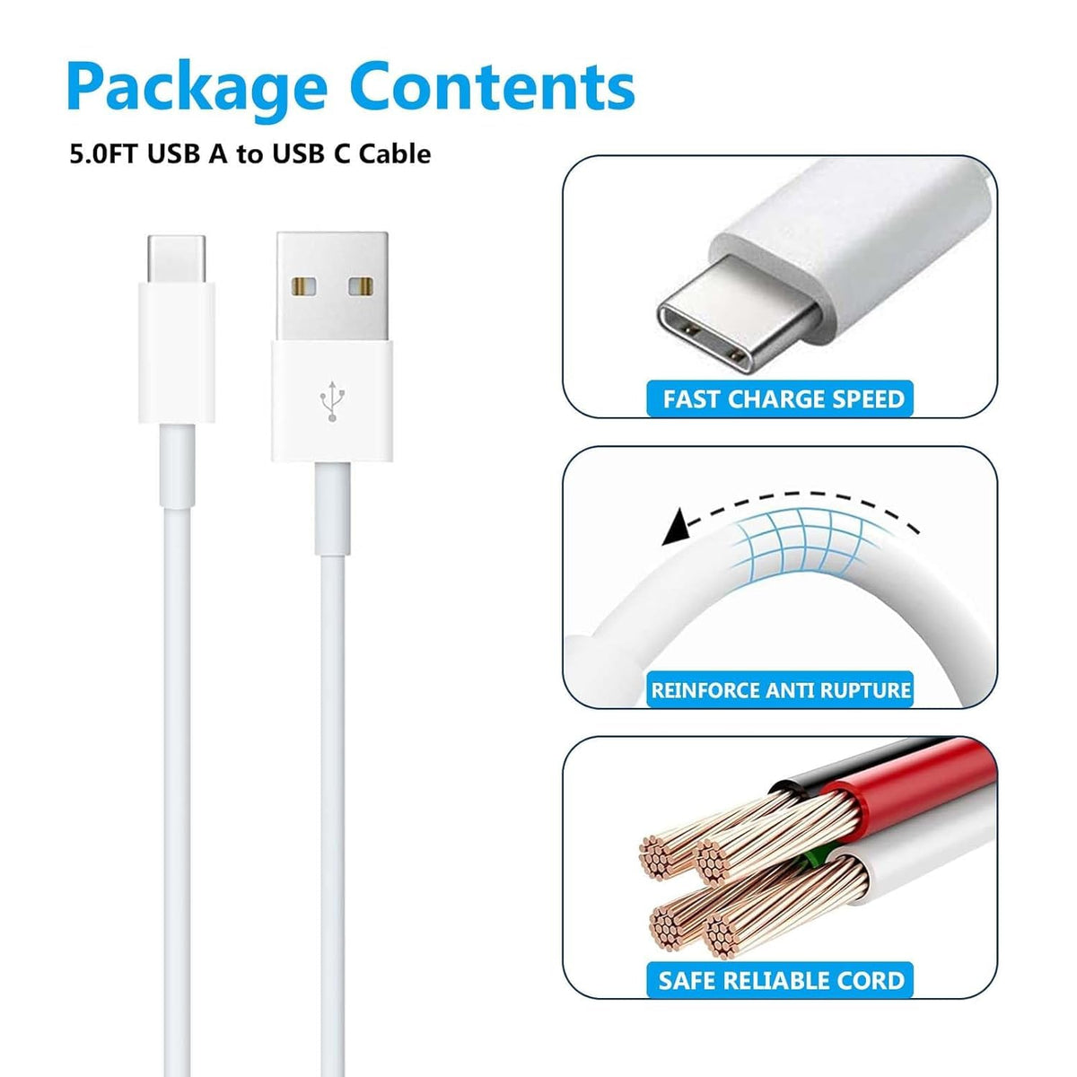 Generic 3FT (1 Pack, 1, Pack) USB-A to USB-C Cable Charging & Data Sync, Universal Compatibility White
