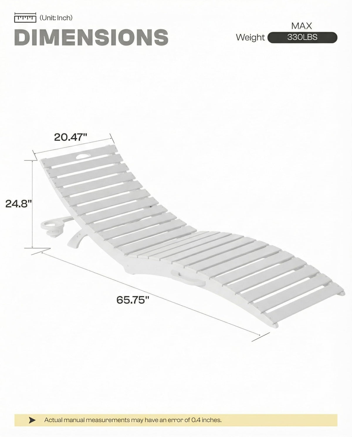 Tobeos Folding HDPE Pool Lounge Chairs Set of 2, Pre-Assembled Outdoor Chaise Lounge with Cup Holder for Poolside, Tanning Ledge, Pool Deck or Beach, Sandbag Not Included (White)