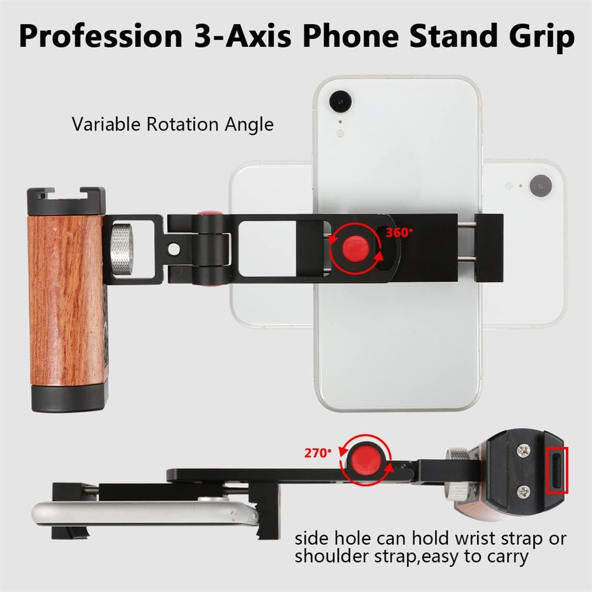 Amykite 1/4 Foldable Smartphone Grip Mount with Wrist Strap, Compatible with Standard Screw Selfie Stick for Tripod