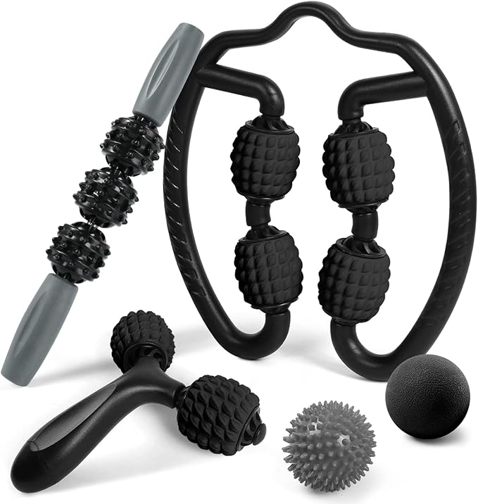 Odoland Foam Roller Set with 360° Trigger Point Massage Roller, Muscle Roller Stick, Y Shaped Handheld Roller, 2 Massage Ball for Leg, Arms, Muscle Myofascial and Deep Tissue Pain Relief, Black