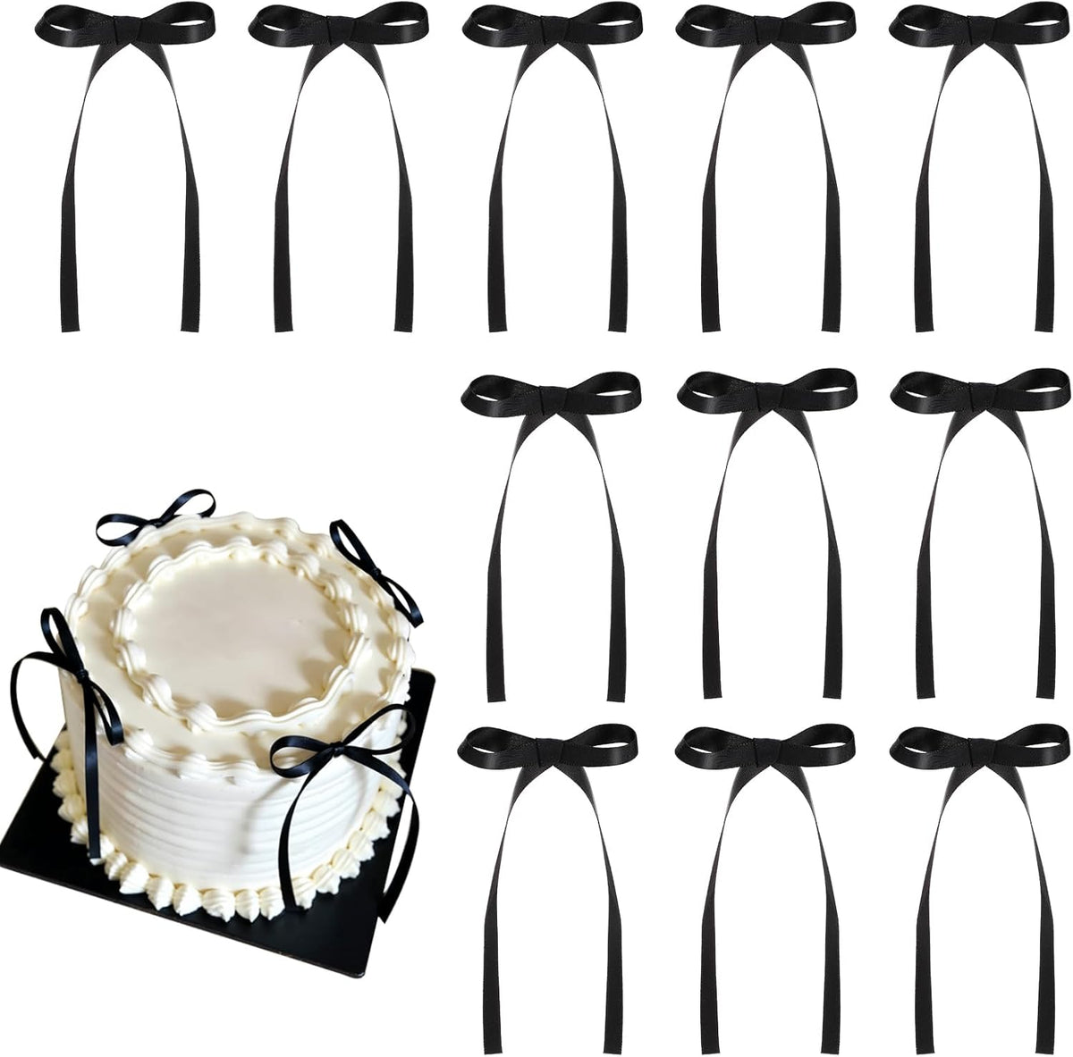 Skiennix 30 Pack Bow Cake Toppers - Elegant Black Ribbon Bows for Graduation & Wedding Decor