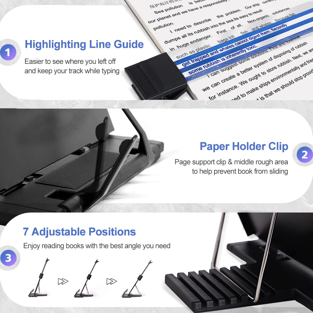 Desktop Document Holder Stand with 7 Adjustable Positions, Black Metal File Organizer Management Copyholder for Typing Speech Reading A4 Letter Music Book Tablet Office, with Paper Clip and Line Guide
