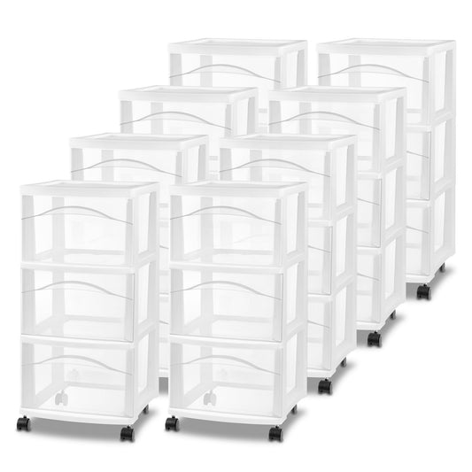 Sterilite 8 Pack 3 Drawer Storage Cart, Plastic Medium Organizer with Wheels, White - Multipurpose Bin for Crafts, Accessories, or Office Supplies