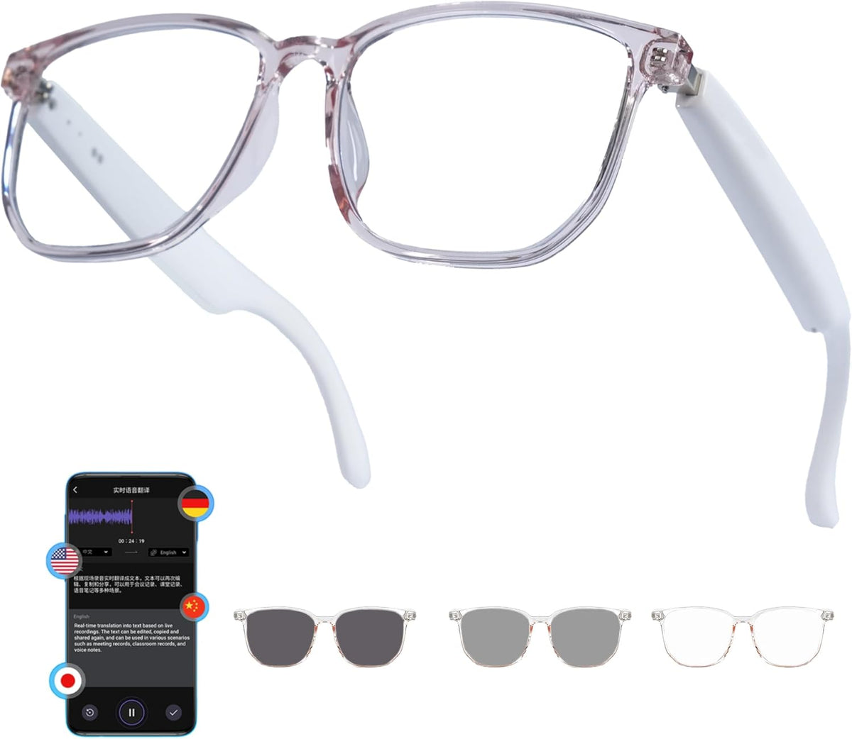 MNVOEQ IP65 Smart Bluetooth Glasses, AI Voice Translation Eyewear with Integrated Speakers and Microphone, Hands-Free